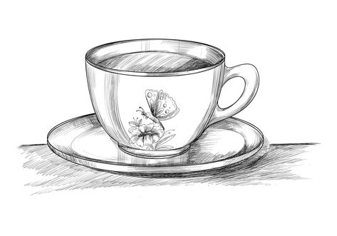 Coffee cup with plate hand drawn sketch Tea Cups Sketch, Tea Cup Sketch Drawing, Cup Sketch Drawings, Cup Of Coffee Sketch, How To Draw A Plate, Cup Plate Drawing, Plate Drawing Sketch, Cup Art Drawing, Tea Cup Sketch