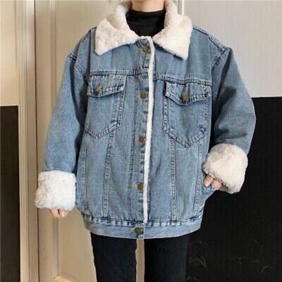 Trendy Fashion Women Soft Faux Fur Lined Denim Jacket Thermal Coat Thick Outerwear Overcoat, Womens Coats Jackets Korean Coat, Fur Lined Denim Jacket, Jacket Korean, Denim Jacket Winter, Lined Denim Jacket, Womens Coats, Loose Coats, Oversize Casual, Women Jacket