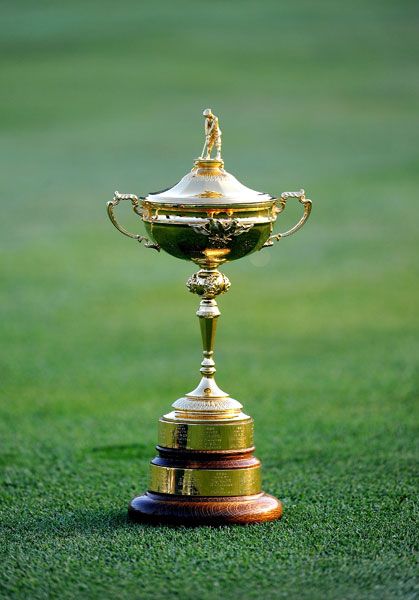 The Ryder Cup Championship trophy. A regular international golf championship takes place between the USA and Great Britain golf teams.