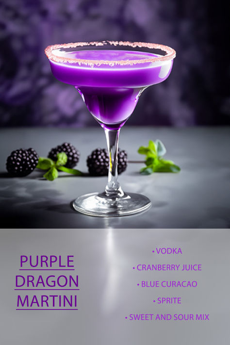 Tequila Galaxy Cocktail, Purple Dragon Martini, Purple Margarita Recipe, Martini Cocktail Recipes, Unique Alcoholic Drinks, Cocktails Design, How To Make Cocktails, Mocktail Ideas, Cocktail Recipes At Home