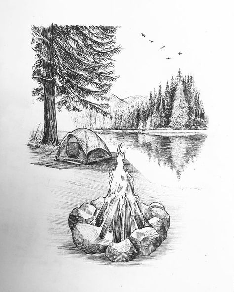 ink drawing Campsite Tattoo Design, Drawing Ideas Camping, Camping Ink Drawing, Lake Ink Drawing, Fire Pen Drawing, Camp Fire Sketch, Campfire Illustration Art, Camping Scene Drawing, Fire Camp Drawing