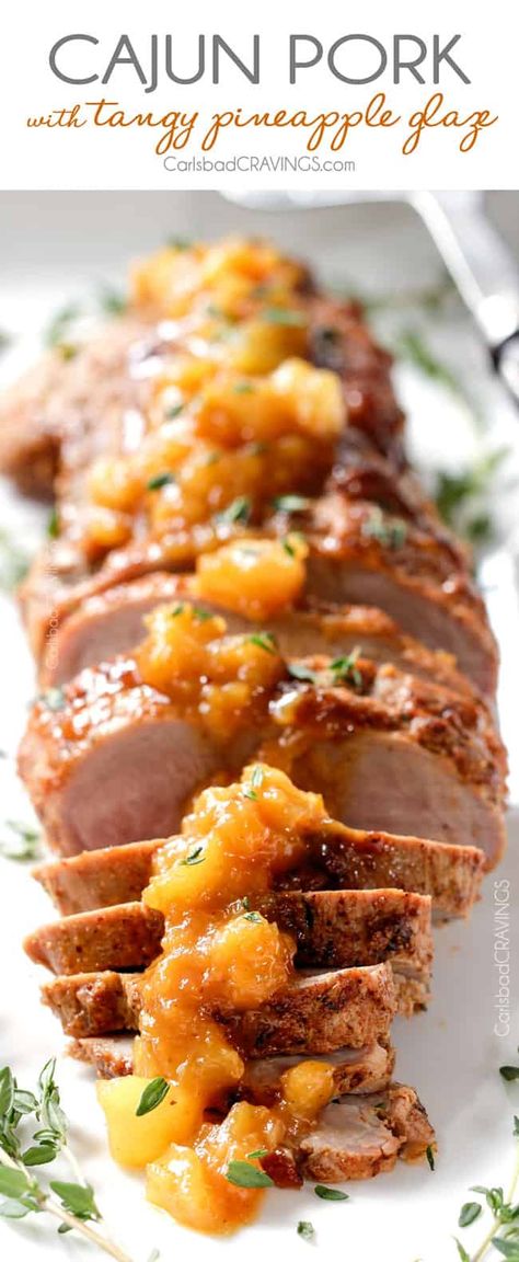 Cajun Pork Tenderloin with Pineapple Glaze (tips, tricks, prep ahead, etc) Cajun Pork, Easy Company, Pineapple Glaze, Pineapple Sauce, Pineapple Pork, Carlsbad Cravings, Pork Ham, Pork Glaze, Pineapple Recipes