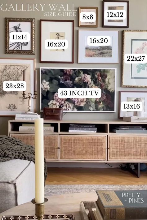 Gallery Wall Sizes, Tv Gallery Wall, Gallery Wall Living Room, Tv Wall Decor, Dekor Diy, Ideas Living Room, Living Room Decoration, Living Room Inspo, New Living Room