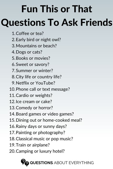 fun this or that questions This Is That Questions, 20 Questions For Friends, How To Get To Know Someone, Likes And Dislikes List, Get To Know You Questions, This Or That Questions, This Or That, Either Or Questions, Questions To Ask Friends