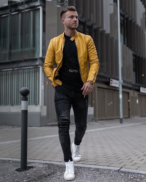 Black And Yellow Outfit Men, Mustard Leather Jacket, Yellow Jacket Outfit, Jean Jacket Outfits Men, Mustard Jacket, Mood Motivation, Handsome Indian Men, Leather Jacket Outfit Men, Guy Style