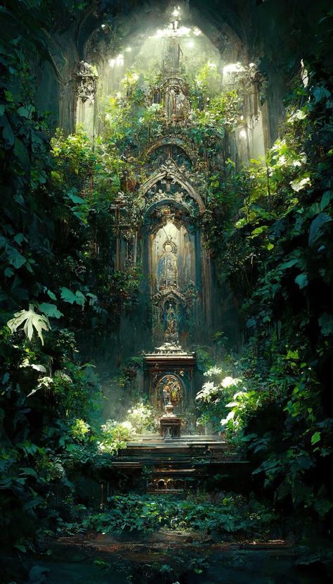 Fantasy Shrine Concept Art, Fantasy Shrine Art, Ancient Temple Fantasy Art, Fantasy World Landscapes Nature, Fantasy World Art Dreams, Magical Places Fantasy Fairyland, Temple Fantasy Art, Garden Concept Art, Shrine Painting