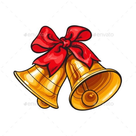 Golden Christmas bells with a red bow, cartoon vector illustration isolated on white background. Traditional pair of Xmas bells wi Bells Drawing, Christmas Bells Drawing, Bell Drawing, Christmas Decorations Drawings, Bow Cartoon, Red Bow Christmas, Background Traditional, Santa Cartoon, Xmas Bells