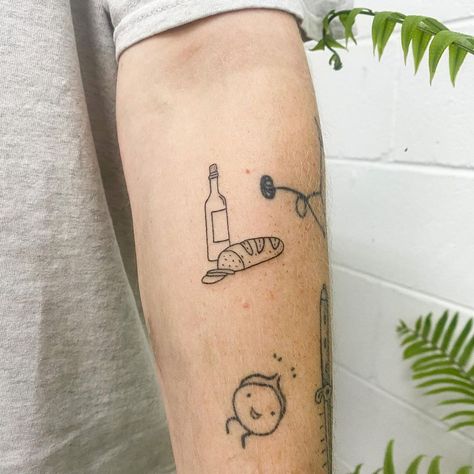 Bottle of wine w/ a side of bread 🤌🍷🥖 @mr_ritchie . . . #handpoke #stickandpoke #machinefree #tattoo #stickandpoketattoo #handpoked… | Instagram Daily Bread Tattoo, Tin Can Tattoo, Bread Tattoo Ideas, Steak Tattoo, Grape Tattoo Minimalist, Loaf Of Bread Tattoo, Food Related Tattoos, Sardine Can Tattoo, Bread And Wine Tattoo