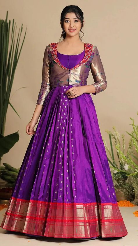 Kayyes Boutique | Celebrate this Rakhi with our contemporary Banarasi purple dress, showcasing elegant potli details on the yoke and a pattu border on the... | Instagram Saree Dress Design Ideas, Frock Models, Kids Party Wear Dresses, Long Gown Design, Frock For Women, Kids Dress Patterns, Silk Saree Blouse Designs, Long Gown Dress, Long Dress Design