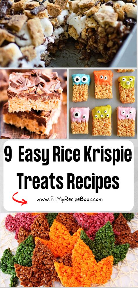 9 Easy Rice Krispie Treats Recipes ideas. No bake desserts, chocolate and gluten free, healthy original cookies for easter with peanut butter. Rice Crispy Treats Ideas Halloween, Autumn Rice Krispie Treats, Rice Krispy Treat Ideas, Rice Krispie Treat Recipe Ideas, Rice Krispie Thanksgiving Treats, Thanksgiving Rice Crispy Treat Ideas, Chocolate Rice Krispies Treats, Thanksgiving Rice Krispie Treats Ideas, Rice Krispie Treat Variations