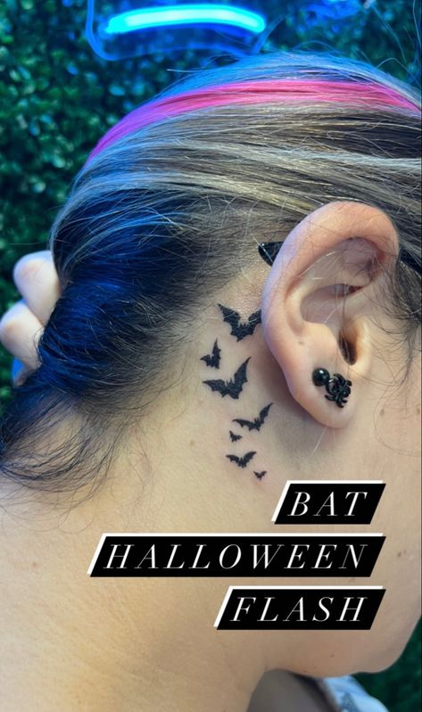 Bats Tattoo Collar Bone, Behind Ear Tattoo Halloween, Bat Wing Behind Ear Tattoo, Spooky Bug Tattoo, Behind The Ear Tattoo Bats, Bats Tattoo Behind Ear, Bats Tattoo Neck, Behind The Ear Halloween Tattoo, Bats Neck Tattoo