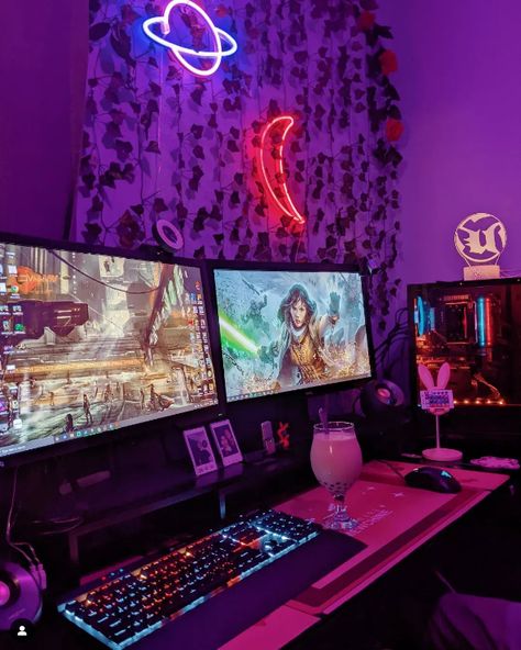 Star Wars wallpaper neon purple and red gaming setup Gaming Pc Aesthetic Black, Black Room Neon Lights, Neon Gaming Aesthetic, Black Gaming Setup Aesthetic, Pc Gaming Setup Black, Rgb Gaming Setup, Purple Gaming Setup, Gaming Aesthetic, Aesthetic Items