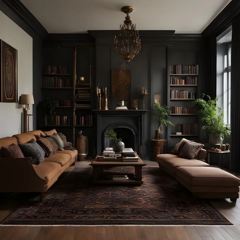 Vintage Formal Living Room, Dark Living Rooms Ideas, Dark Acedemia Furniture, Muted Home Decor, Dark Home Decor Living Room, Dark Academia Lounge Room, Moody Academia Living Room, Dark Academia Basement, Dark Academia Interior Design