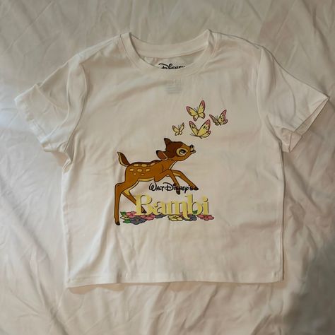 Brand New. Crew Neckline And Form Fit Vintage Disney Clothes, Vintage Disney Shirts, White Tops With Disney Character Print, Disneyland Winter, Affordable Disney Character Print Tops, Disney Graphic Print Crew Neck Shirt, Bambi Pajamas, Bambi Sweatshirt, Bambi Shirt