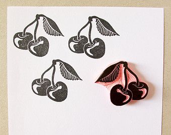 Cherry rubber stamp, hand carved, Summer DIY, decor ideas, fruit stamp Summer Diy Decor, Linoleum Stamp, Fruit Stamp, Homemade Stamps, Eraser Stamp, Hand Carved Rubber, Linoleum Print, Linocut Printmaking, Lino Art