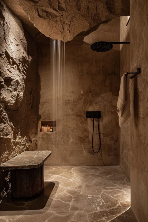 Maximize Space with Small Bathroom Ideas Without a Bathtub - Quiet Minimal Cave Shower Walk In, Bathroom Ideas Stone, Bathroom Rock, Hobbit House Plans, Rock Bathroom, Cave Interior, Brutal Architecture, Wet Room Bathroom, Cave Bathroom