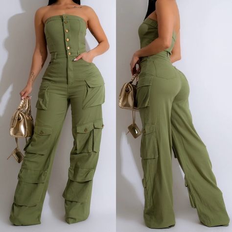 Brand New Green Outfits For Women Casual, Safari Outfit Women, Healthy Gummies, Poshmark Clothes, Cargo Jumpsuit, Best African Dresses, Fasion Outfits, Denim Cargo, Beachwear Fashion