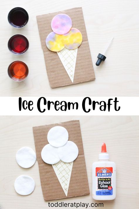 Are you ready for a fun ice cream craft? This Cotton Round Ice Cream Craft will be your kids new favorite summer idea, guaranteed! It’s super easy to set up too! All you need is a piece of cardboard and a few craft supplies and you’ve got this craft set up in under 5 minutes. Kids will love creating their own ice cream, choosing the colors for their ice cream scoops! #summercrafts #recycledcrafts #icecreamcraft Montessori, Icecream Crafts For Kids Summer, Icecream Crafts Toddlers, Preschool Ice Cream Crafts, Ice Cream Art Preschool, Ice Cream Diy Crafts, Ice Cream Arts And Crafts, Ice Cream Art Projects For Kids, Ice Cream Craft Ideas