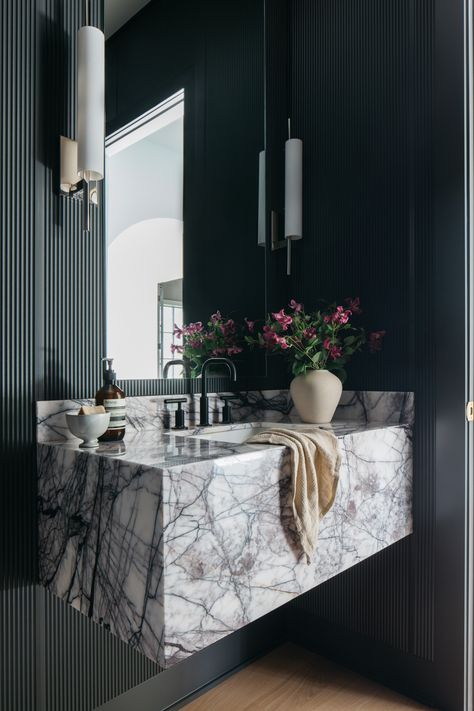 Julian Street IV - Transitional - Powder Room - Chicago - by M House Development | Houzz Contemporary Powder Room Design, Powder Room Ideas Elegant Modern, Luxury Powder Room Design, Floating Marble Vanity, Powder Room Modern, Transitional Powder Room, Black Powder Room, Luxury Powder Room, House Development