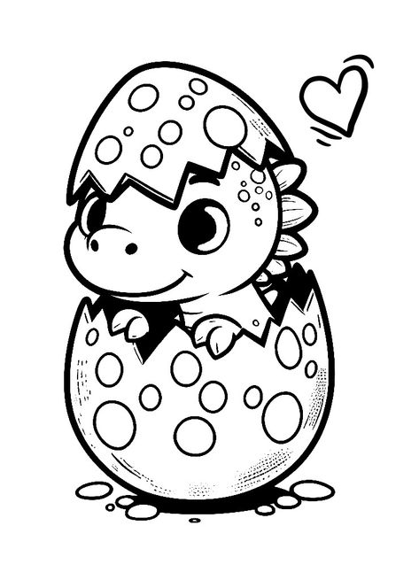 Cute Dinosaur Hatching from a Dotted Egg Coloring Page 🦕🥚 Dinosaur Clipart Black And White, Dinosaur Egg Tattoo, Dinosaur Egg Drawing, Baby Dinosaur Drawing, Dinosaur Coloring Pages Free Printable, Dino Coloring Pages, Doodle Dinosaur, Dinosaur Hatching, Hatching Dinosaur Egg