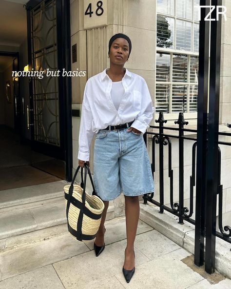 Bermuda Shorts Outfit, Fall Office Outfits, Hot Weather Outfits, Long Denim Shorts, Denim Shorts Outfit, Summer Trends Outfits, Summer 24, Spring 2023, Long Shorts