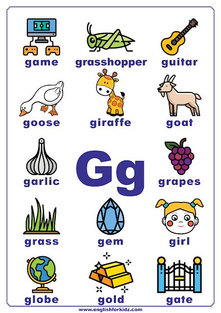 Printable Alphabet Posters for Every Letter. English ABC posters for classroom wall decoration. Letter G. #ESL The Letter G, Alphabet Worksheets Kindergarten, G Words, Alphabet Words, Alphabet Phonics, Alphabet Pictures, Alphabet Posters, Alphabet Worksheets Preschool, English Phonics