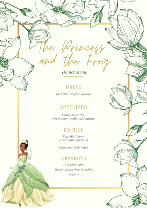 Essen, Princess And The Frog Wedding Theme Invitations, Princess And The Frog Prom Theme, Frog Food Ideas, Princess And The Frog Dinner, Princess And The Frog Food, Princess And The Frog Sweet 16, Frog Food, Princess Tiana Birthday Party