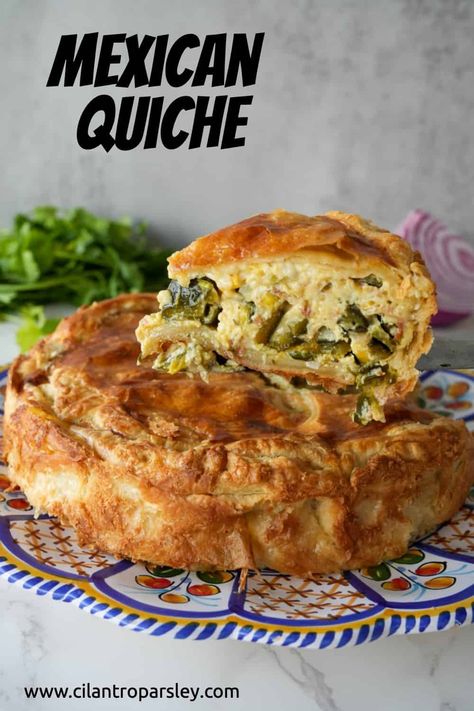 Poblano Pepper Quiche, Poblano Breakfast Recipes, Poblano Quiche, Mexican Quiche Recipes, Mexican Quiche, Corn Quiche, Garlic Eggs, Mexican Brunch, Cilantro Parsley