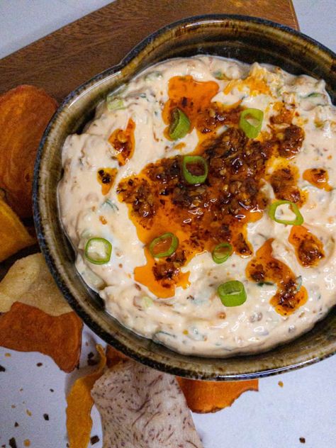 Charred Scallion and Chili Crisp Dip - She's Almost Always Hungry Fancy Chips And Dip, How To Use Chili Crisp, Recipes Using Chili Onion Crunch, Uses For Chili Crisp, Asian Dips Appetizers, Chili Crisp Recipe Ideas, Recipes With Chili Crisp, Chili Crisp Uses, Thai Dip