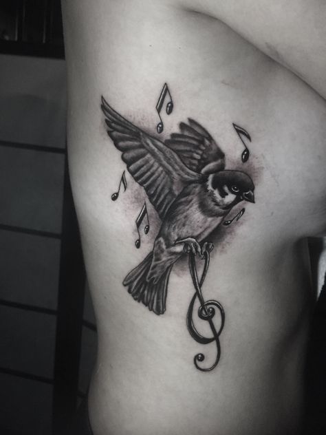 Music Tattoos Men, Finch Tattoo, Songbird Tattoo, Music Notes Tattoo, Note Tattoo, Music Tattoo, Music Tattoos, Sparrows, Birds Tattoo