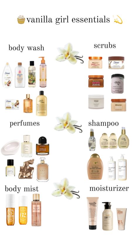 vanilla girl essentials : body mist, perfumes, body scrub, body wash, shampoo, moisturizer!! 🧴 made by me : DO NOT REPOST WITHOUT CREDITS!! Vanilla Girl Essentials, Bad Christmas, Girl Essentials, Vanilla Perfume, Basic Skin Care Routine, Shower Skin Care, Body Smells, Perfect Skin Care Routine, Vanilla Girl