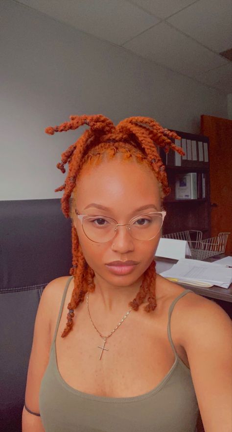 Blonde And Copper Locs, Ginger And Honey Blonde Locs Black Women, Colored Loc Styles, Autumn Color Locs, Red Blonde Locs, Ginger Dreadlocks Black Women, Fall Loc Hair Colors, Ginger Colored Locs Black Women, Cajun Spice Locs