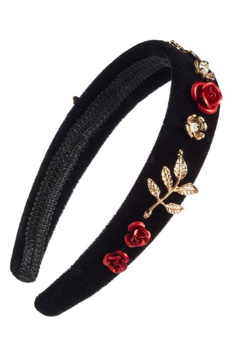 Berry Rose Embellishment Velvet Headband Black Velvet Headband, Velvet Hairband, Rose Flower Headband, Polka Dot Hair, Pretty Headbands, Fancy Accessories, Rose Headband, Glitter Headbands, Stylish Headbands