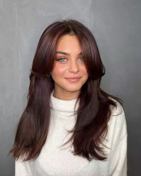 Have you ever thought about going with a cherry brunette hairstyle? It is a specific shade. We can agree on that, but it is a hair color that cannot g... Cherry Brunette Hair, Cherry Brunette, Cherry Brown Hair, Cherry Cola Hair Color, Cherry Cola Hair, Cherry Hair Colors, Dark Brunette Hair, Hair Color Chocolate, Wine Hair