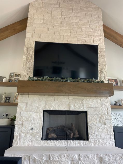 Limestone Fireplace With Wood Mantle, Limestone Electric Fireplace, Austin White Stone Fireplace, Texas Limestone Fireplace, Limestone Hearth Fireplace, Limestone Fireplace Wall, White Stone Fireplace With Wood Mantel, Cream Stone Fireplace, White Rock Fireplace