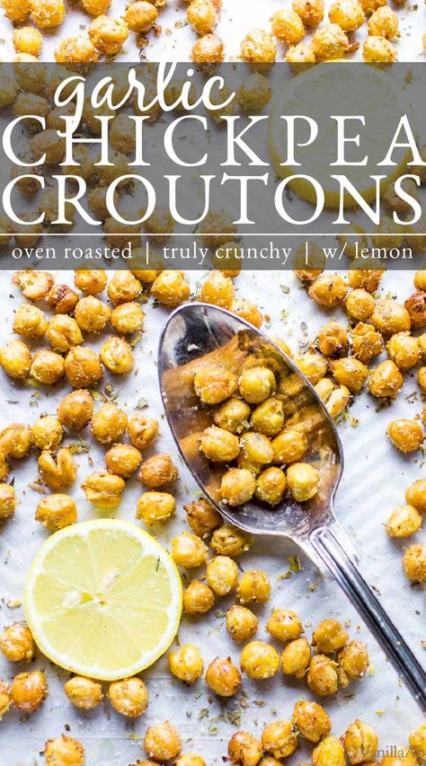 Chickpea Croutons, Garlic Chickpeas, Croutons Recipe, Vegetarian Brunch, Food Sides, Chickpea Snacks, Crouton Recipes, Crunchy Chickpeas, Super Salads