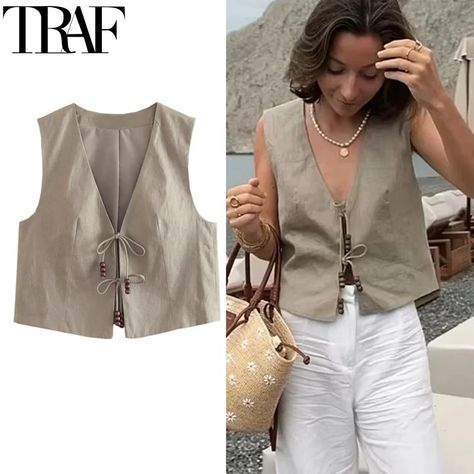 11.28US $ 51% OFF|TRAF Woman Vest Tied Sleeveless Vests For Women Outerwears Office Wear Cropped Suit Vest Ladies Khaki Waistcoat Short Black Vest| |   - AliExpress Vest Style Women, Short Coats, Waistcoat Woman, Woman Vest, Vest And Tie, Middle Age Fashion, Tie Shorts, Vest Women, Cropped Vest