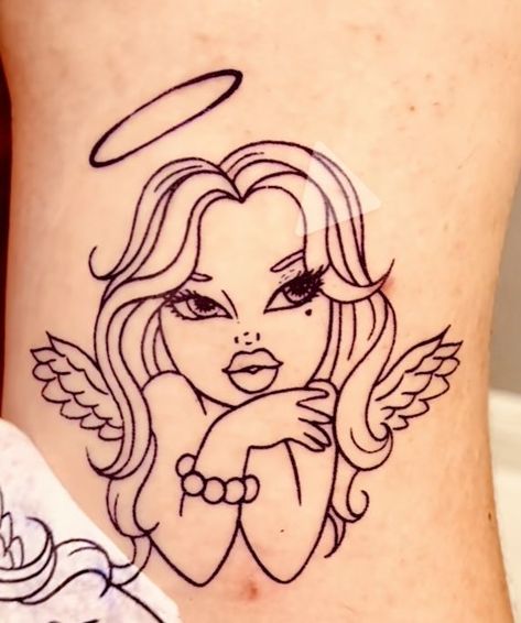 Bratz Angel Tattoo, Bratz Tattoo Stencil, Brats Doll Tattoos, Bratz Doll Tattoo Ideas, Doll Face Tattoo, Bratz Doll Tattoo, Brats Tattoo, Bratz Tattoo Design, Bratz Tattoo