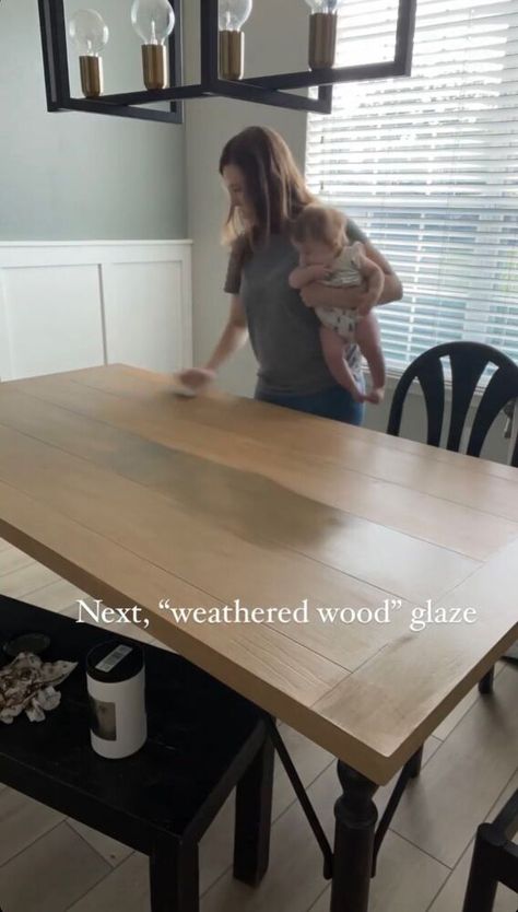 I discovered this game changing product that helped me makeover a veneer table top! My dining room table has been around the block and last year I attempted to refinish it. I started sanding and realized it wasn't real wood when I burned right through to the MDF. I was able to fix it with a dark gel stain but I always wished I could somehow make it lighter. Then I discovered Retique It Liquid Wood My previously dark table After! Liquid Wood is a paintable layer of 66% recycled re… Painting Wood Dining Table, Dining Table Flip Diy, Dining Table Finishes, Retique It Before And After, Staining A Dining Room Table, Light Stain Dining Table, Stain For Kitchen Table, Restained Kitchen Table, Bleached Dining Room Table