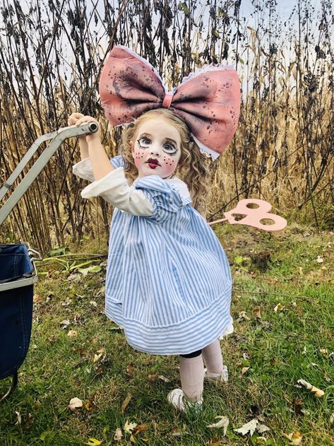 Toddler Doll Costume, Diy Windup Doll Costume, Rag Doll Halloween Costumes, Scary Kid Costumes, Diy Wind Up Doll Costume, Wind Up Doll Makeup, Scary Doll Costume For Kids, Wind Up Doll Costume Kids, Creepy Doll Costume For Kids