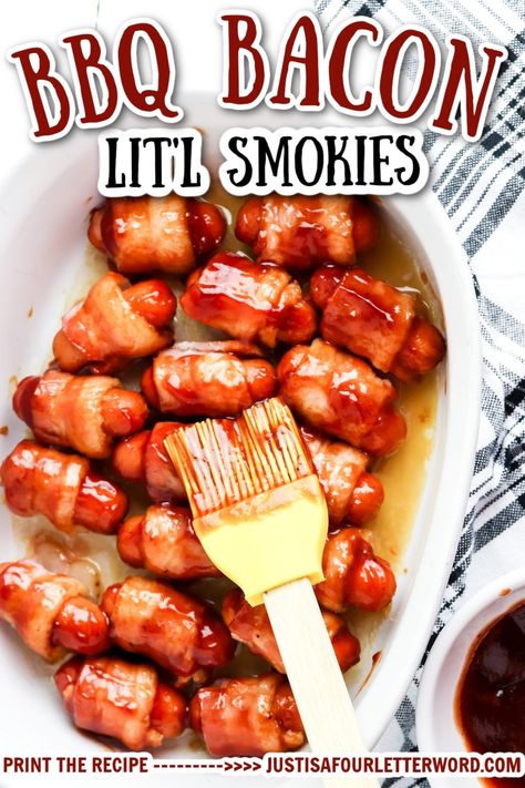 Bacon Wrapped Weenies, Bacon Wrapped Lil Smokies, Wrapped Smokies, Little Smokies Recipes, Bacon Hot Dogs, Bacon Wrapped Sausages, Bacon Bbq Sauce, Warm Appetizers, Bacon Wrapped Smokies