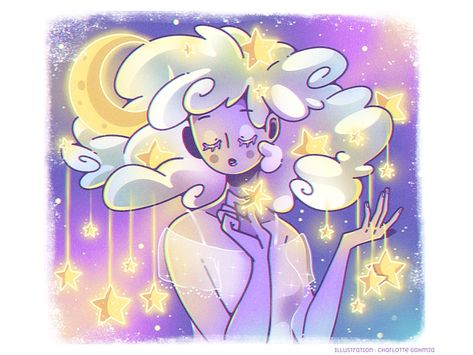 Cloud Hair - Night time by Charlotte on Dribbble Cloud Hair Drawing, Cloud Character Design, Cloud Drawings, Cloud Princess, Cloud Character, Cloud Hair, Webtoon Ideas, Oc Board, Character Drawings