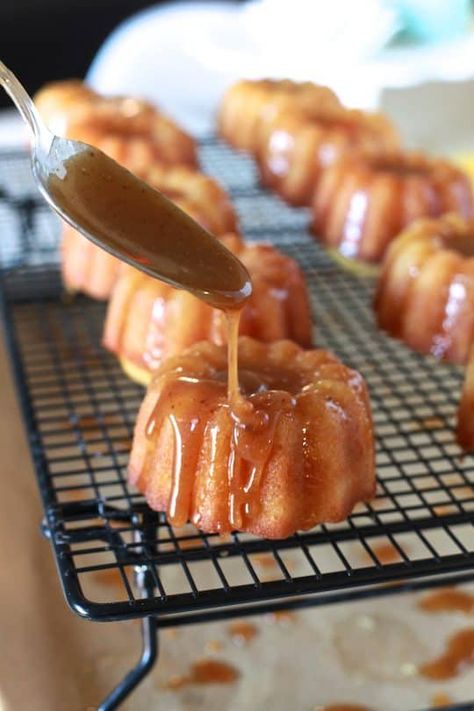 Spiced Rum Cake, Mini Bunt Cake, Apple Cider Caramel, Mini Bundt Cakes Recipes, Sweet Glaze, Apple Cider Caramels, Caramel Glaze, Mini Bundt Cakes, Rum Cake