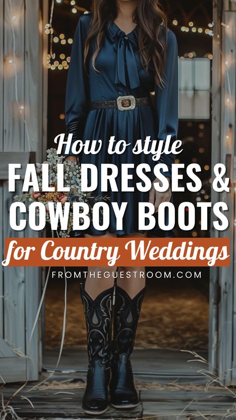 a woman wears fall dress and cowboy boots for country wedding, western outfits Mid Length Dress With Cowboy Boots, Cowboy Casual Wedding Attire, Cowboy Boots And Maxi Dress, Western Dresses Wedding Guest, Dresses And Tall Boots, Dressed Up Cowgirl, Wedding Guest Dress With Black Cowboy Boots, Formal Western Wedding Outfits Guest, Western Outfits Women Boots