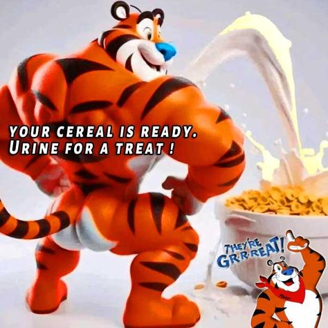 Tiger Mascot Tragedy Time ? 🥣 🐅 🐯 Frosted Flakes Tiger, Funny Rude Pictures, Tony The Tiger, Tiger Mascot, Funny Black People, Funny Pix, Goofy Pictures, Good Luck Quotes, Funny Doodles