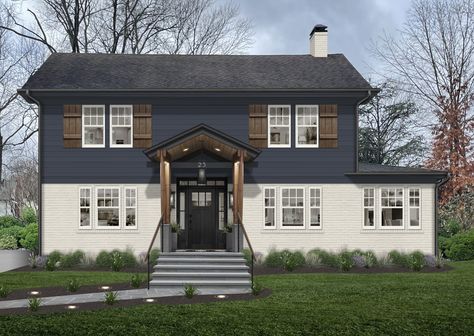 Navy Blue Siding House White Trim, Navy Brick House Exterior, Navy Blue Exterior House Colors, Navy Blue House Exterior, Blue Siding House, White Brick House Exterior, Navy House Exterior, Navy Blue House, Navy Blue Houses