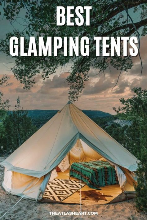 A canvas bell tent at dusk in a sandy, wooded clearing, with the text overlay, "Best Glamping Tents." Glamping Inspiration, Luxury Camping Tents, Yurt Tent, Four Season Tent, Auto Camping, Glamping Tents, Tent Living, Glamping Resorts, Go Glamping