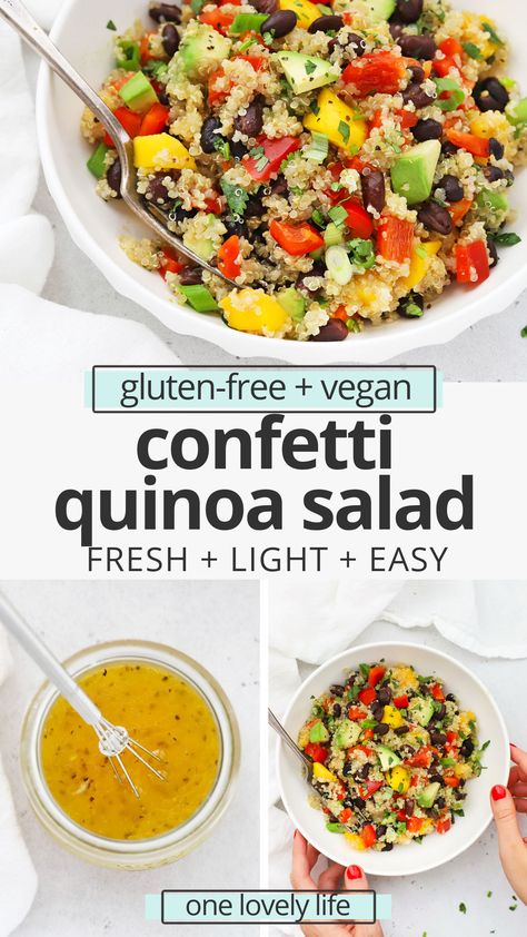 Confetti Quinoa Salad with Lime Dressing- One of my family's all time favorite recipes, this colorful healthy quinoa salad is perfect for picnics, potlucks, barbecues, lunches, meal prep, and more! (Gluten-Free, Vegan) // Healthy Quinoa Salad Recipe // Tex-Mex Quinoa Salad #quinoasalad #glutenfree #vegan #salad Tex Mex Quinoa, Gluten Free Quinoa Salad, Quinoa Salad Dressing, Salad With Lime Dressing, Healthy Quinoa Salad, Rice Salads, Quinoa Salad Recipe, Healthy Quinoa, Lime Recipes