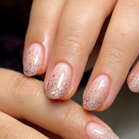 Glitter On Top Of Nails, Nails Pink Gold Glitter, Fading Glitter Nails, Sheer Gel Nails With Design, Glitter Tipped Gel Nails, Summer Gel Extension Nails, Almond Bridesmaid Nails, Pink Nails Biab, Biab Nails Inspiration Summer