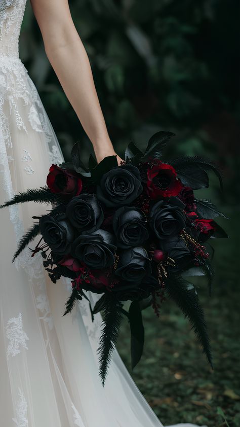 Elegant Gothic Black Rose Bouquets Black Magic Roses Bouquet, Dark Roses Bouquet, Black Rose Bouquet Wedding, Dark Bouquet Of Flowers, Dark Colored Bouquet, Dark Fairytale Wedding Bouquet, Gothic Wedding Flowers Bridal Bouquets, Wedding Ideas Gothic, Gothic Fairytale Wedding